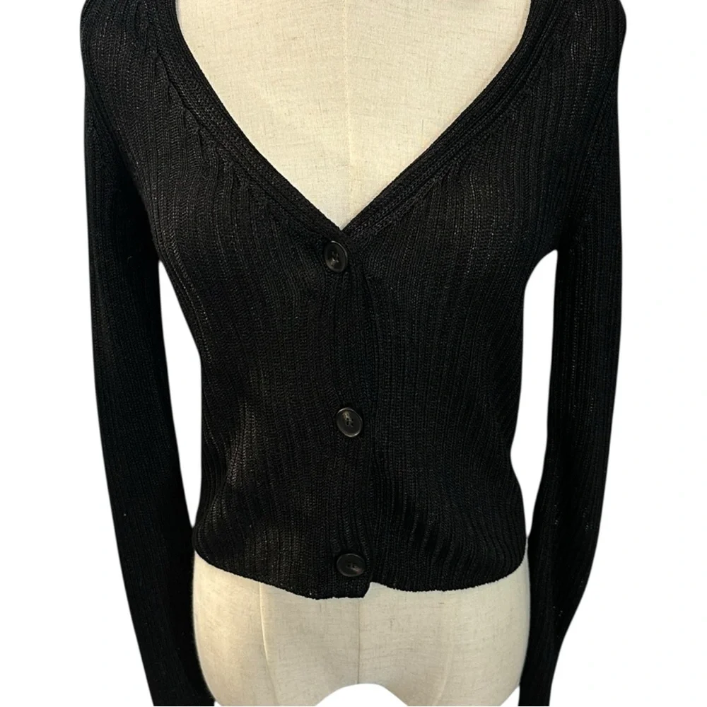 Free People‎ Game On Ribbed Cardigan Size XS Black Basic Staple Minimalist